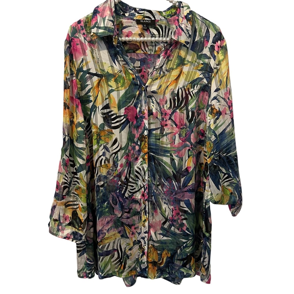 Glance Shirt Womens XL Floral Sheer Button Up Lightweight coastal beach boho top